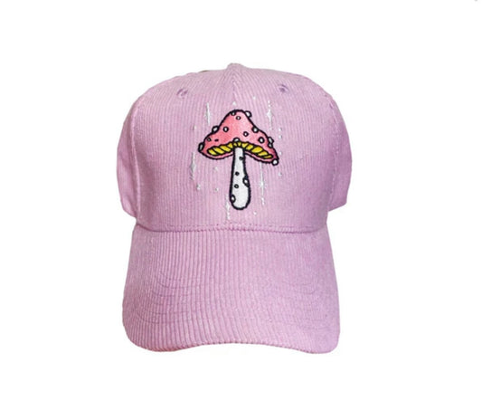Pink Corduroy Embroidered Mushroom Cap